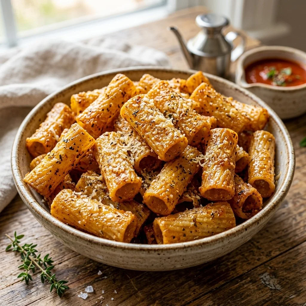 Crispy air fryer pasta chips served in a bowl with dipping sauce
