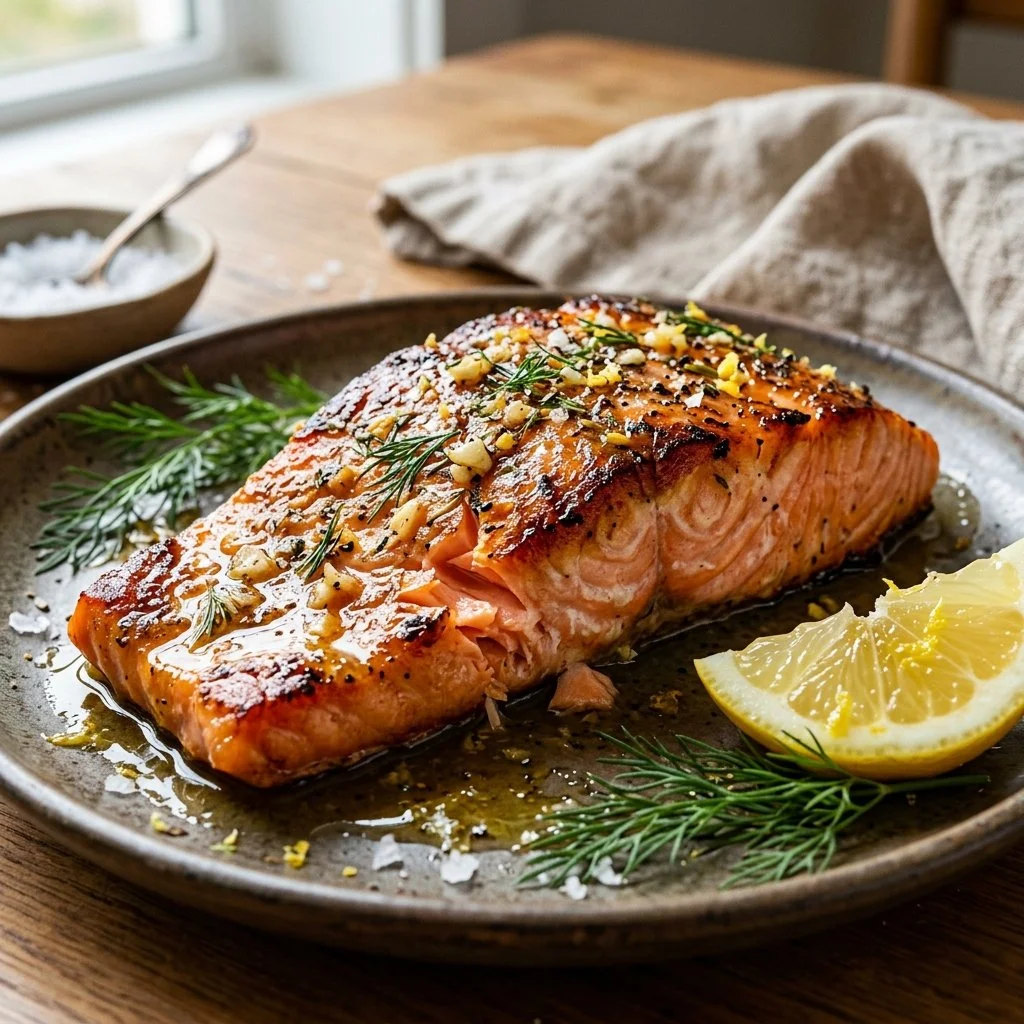 Crispy air fryer salmon served with vegetables on a plate