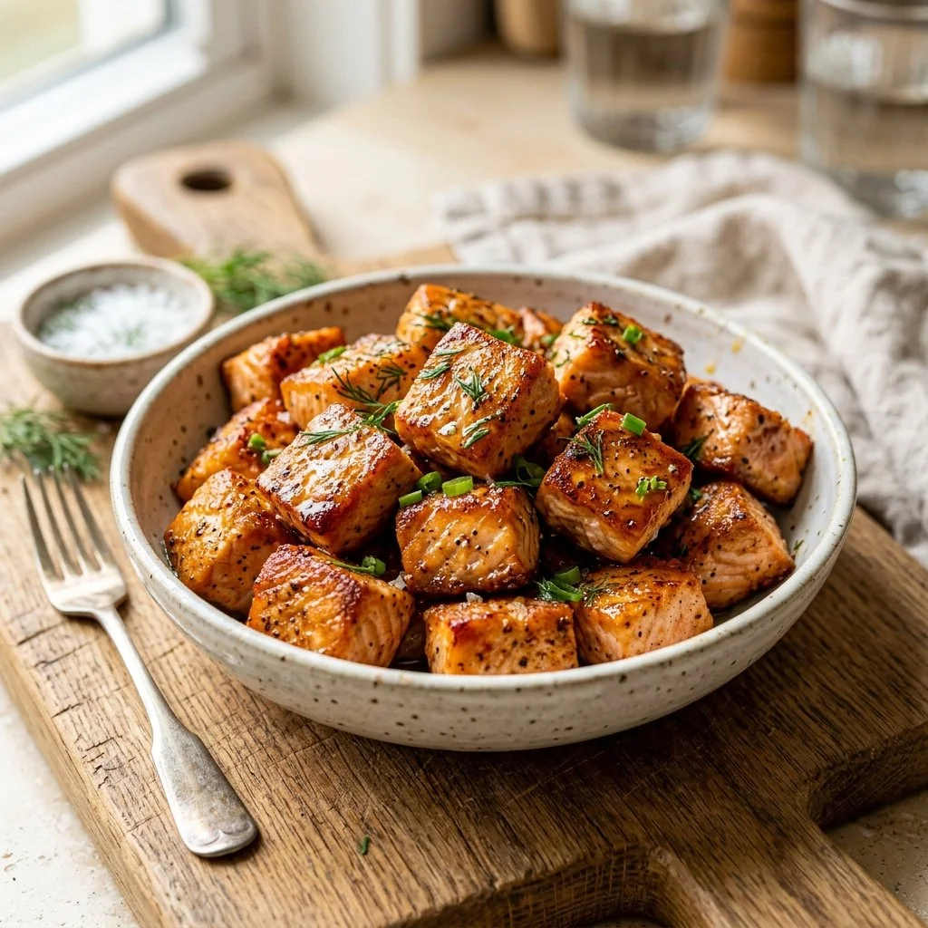 Crispy Air Fryer Salmon Bites served on a plate
