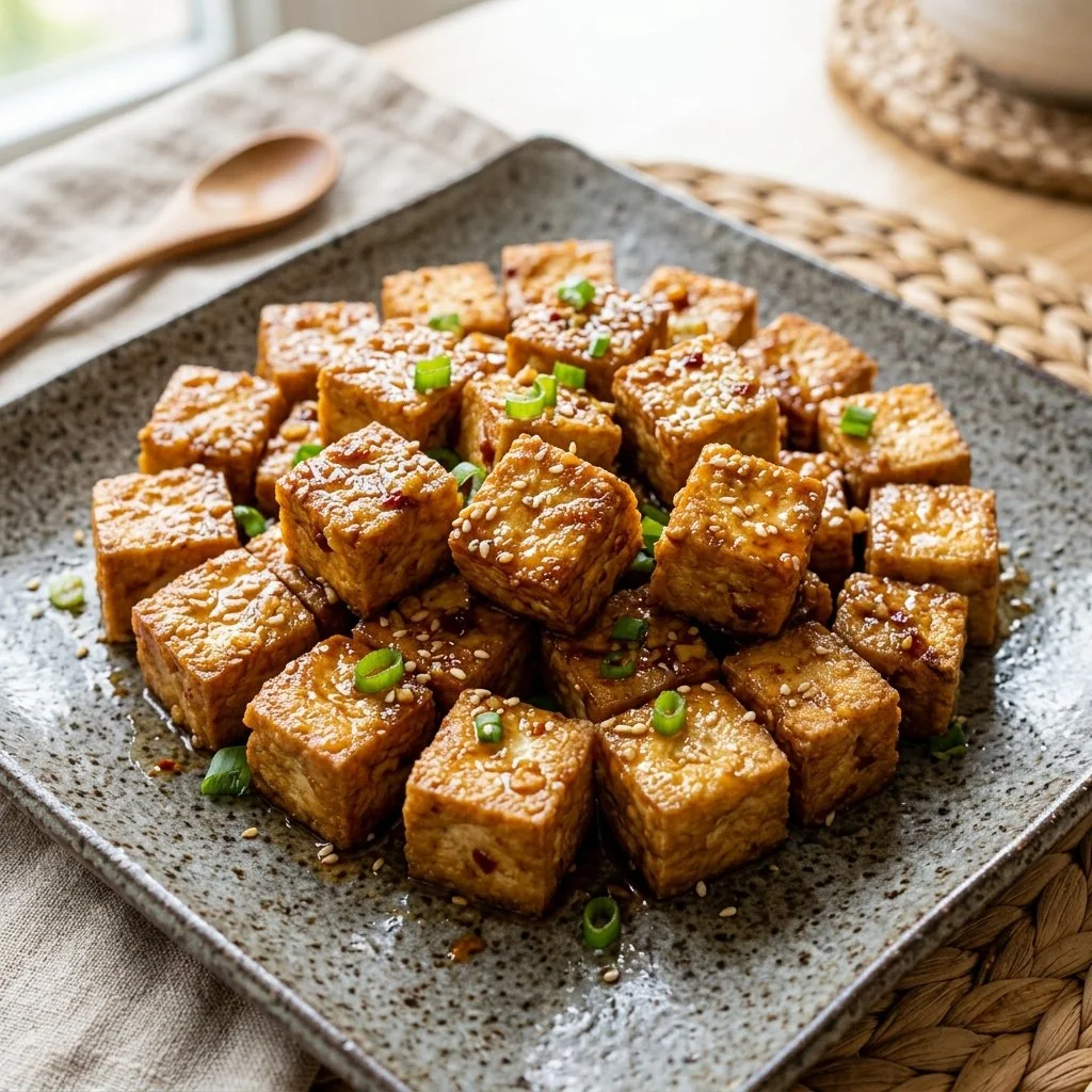 Crispy air fryer tofu served with a dipping sauce on a plate