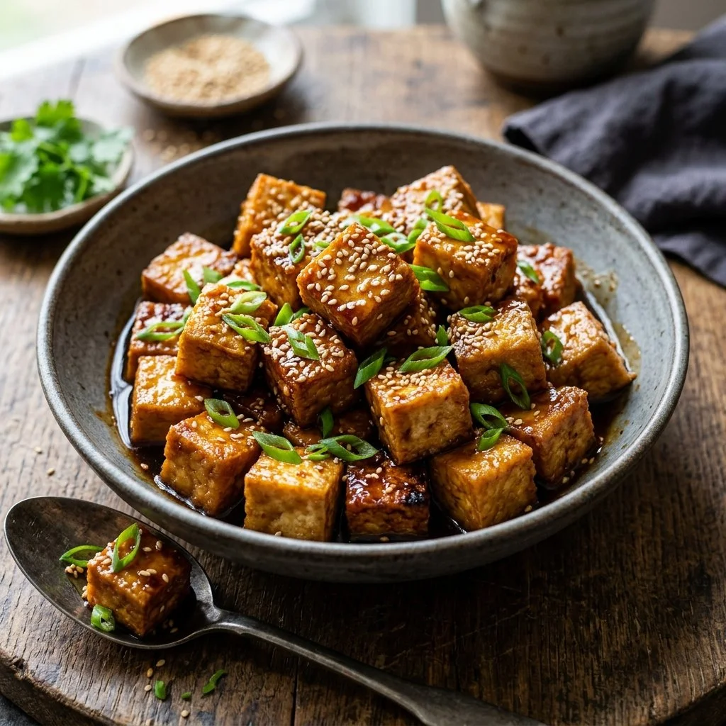 Crispy air fryer tofu served with vegetables and sauce