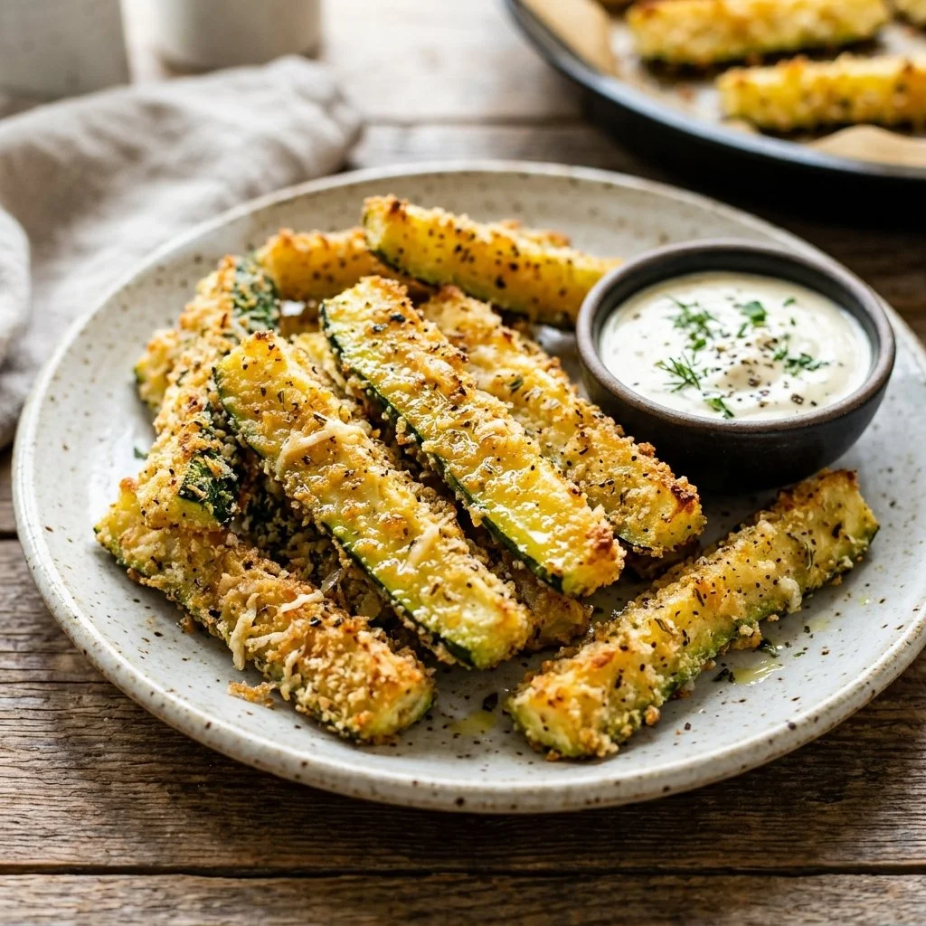 Crispy air fried zucchini slices in a bowl, seasoned and ready to serve.