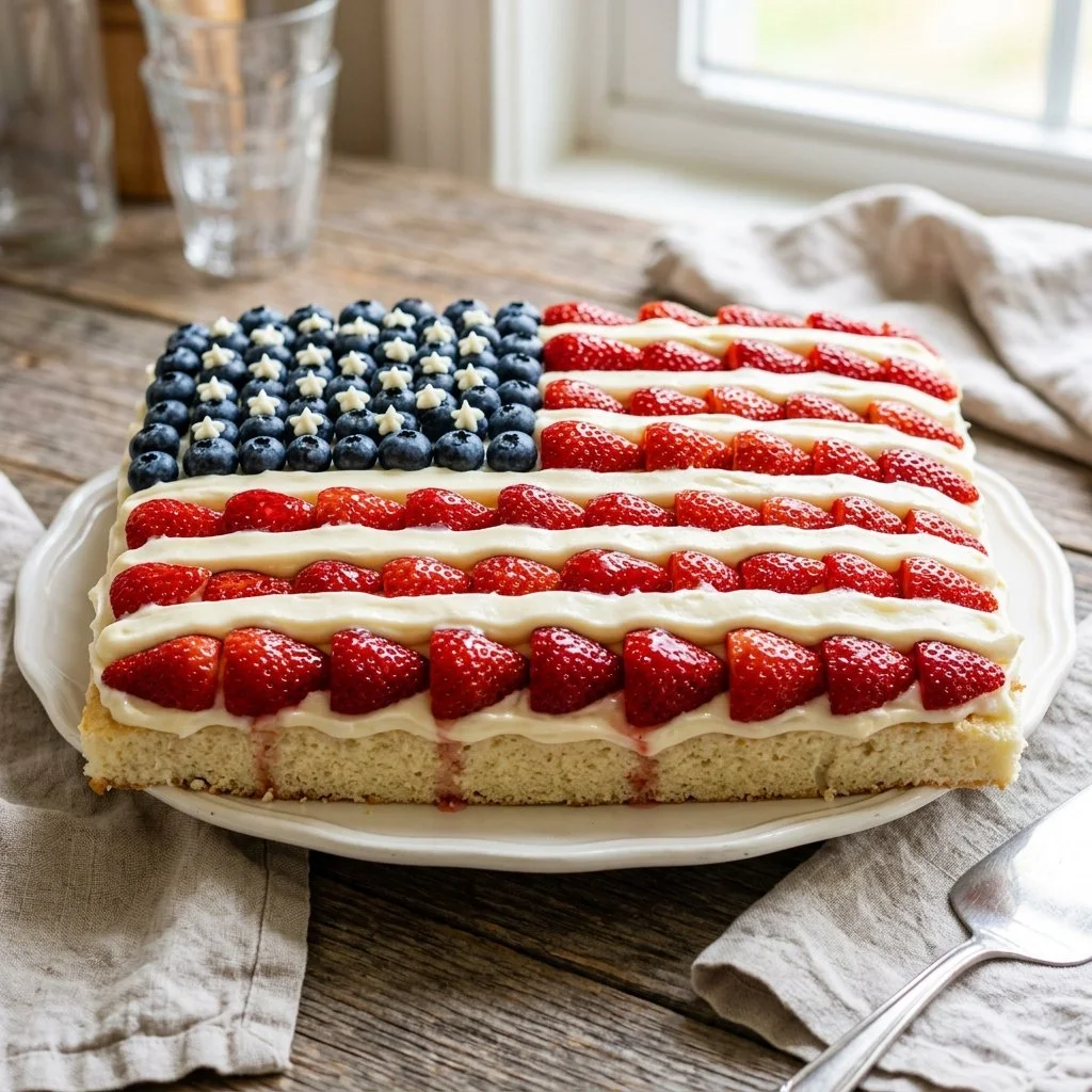 A beautifully decorated American Flag Cake with red, white, and blue frosting.