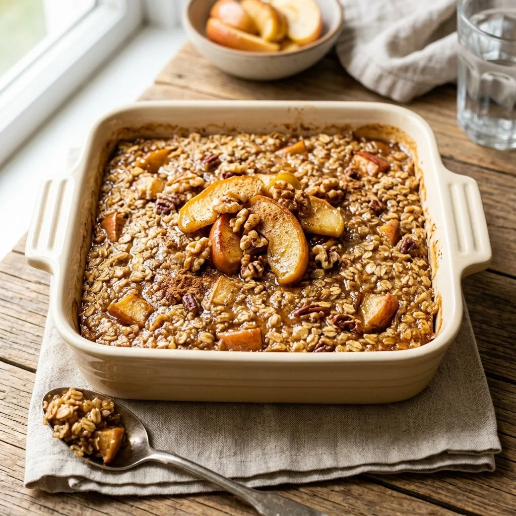 Delicious apple cinnamon baked oatmeal served in a bowl, perfect for breakfast.
