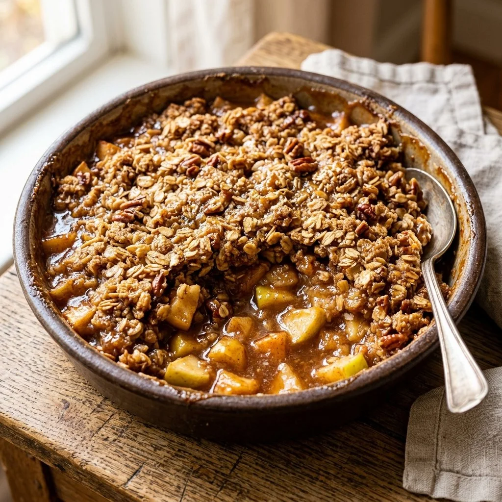 Homemade apple crisp with oat topping served in a baking dish
