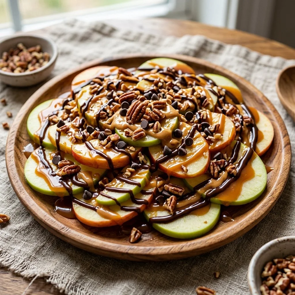 Delicious Apple Nachos topped with caramel, nuts, and chocolate drizzle