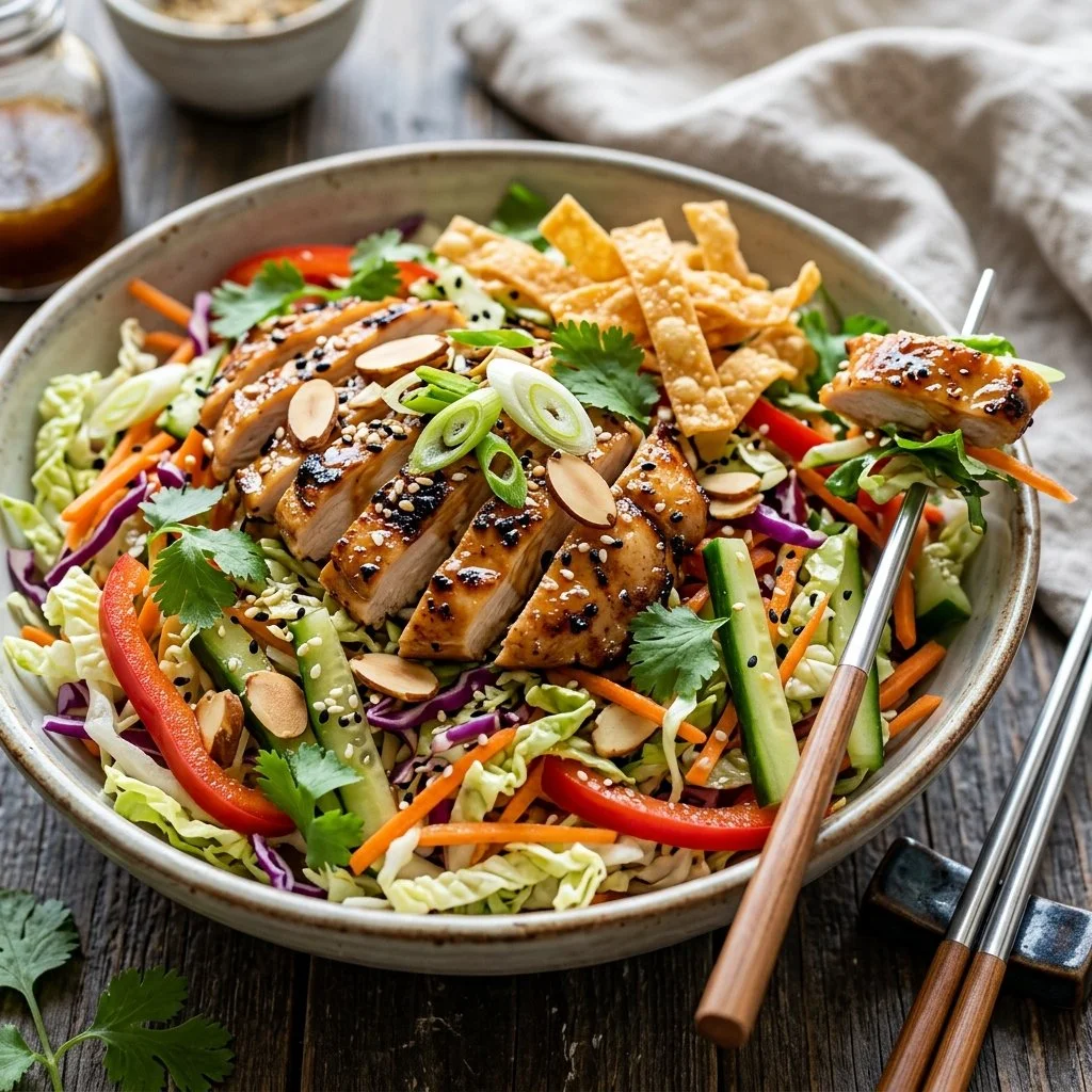 Bowl of fresh Asian Chicken Salad with colorful veggies and grilled chicken