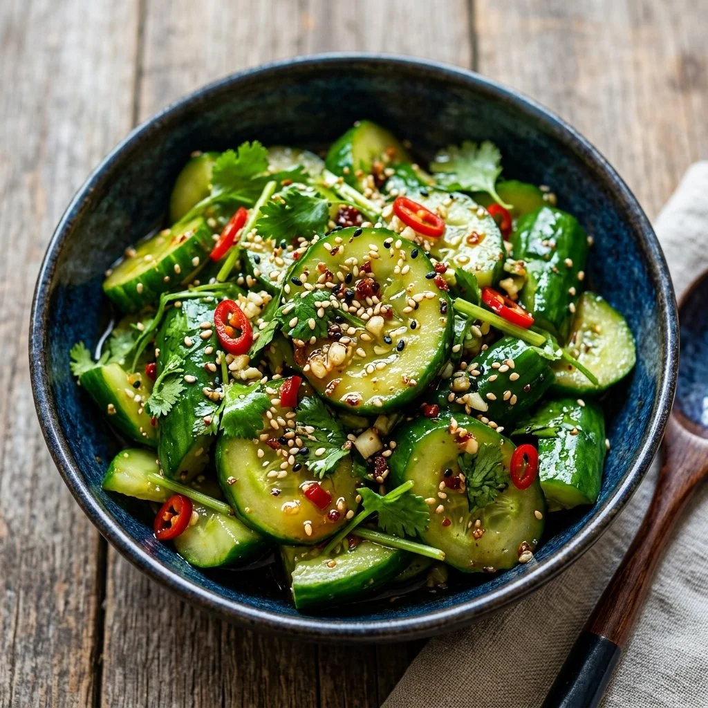 Delicious Asian cucumber salad with fresh vegetables and dressing