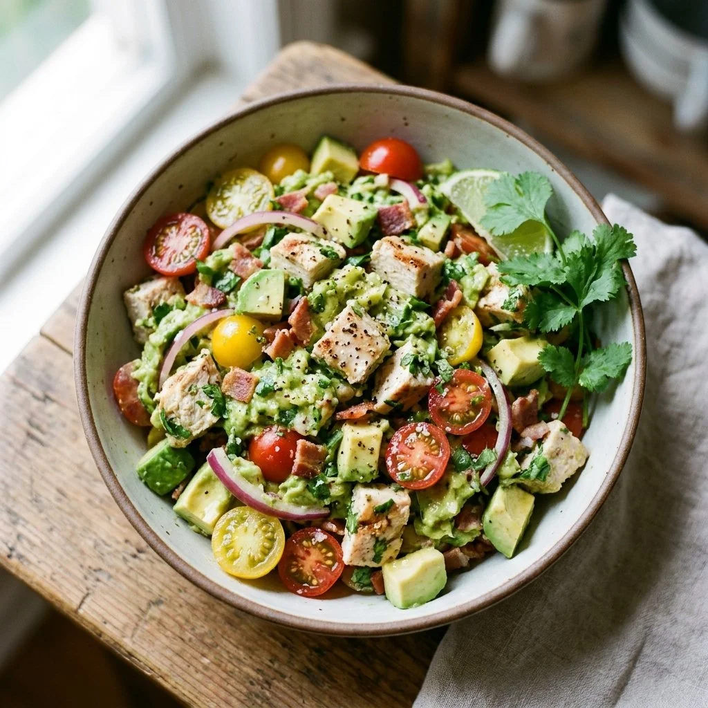 Bowl of fresh avocado chicken salad with greens and cherry tomatoes.