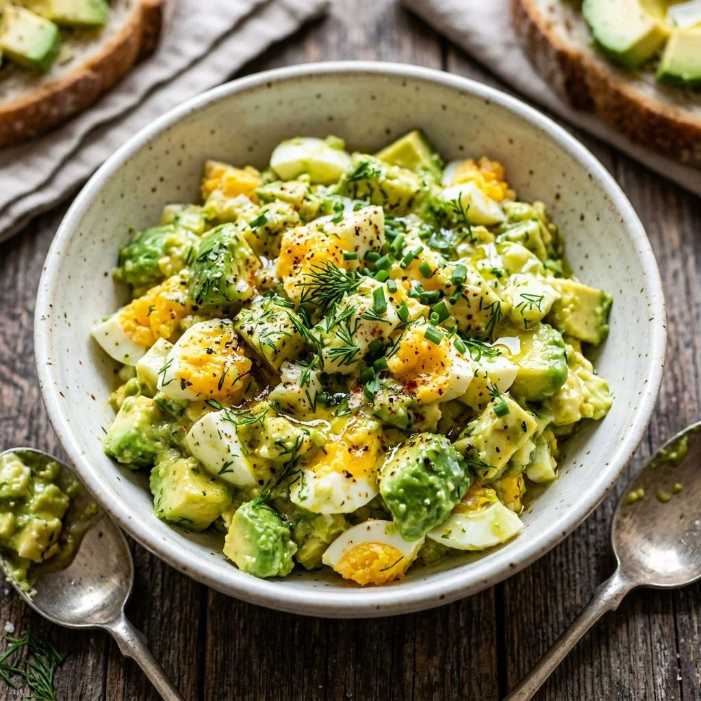 Delicious Avocado Egg Salad served in a bowl with fresh herbs.