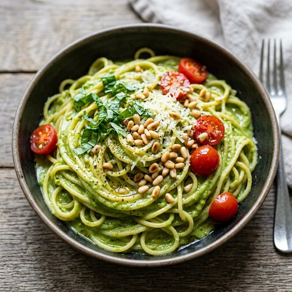 Bowl of creamy avocado pasta topped with basil and cherry tomatoes