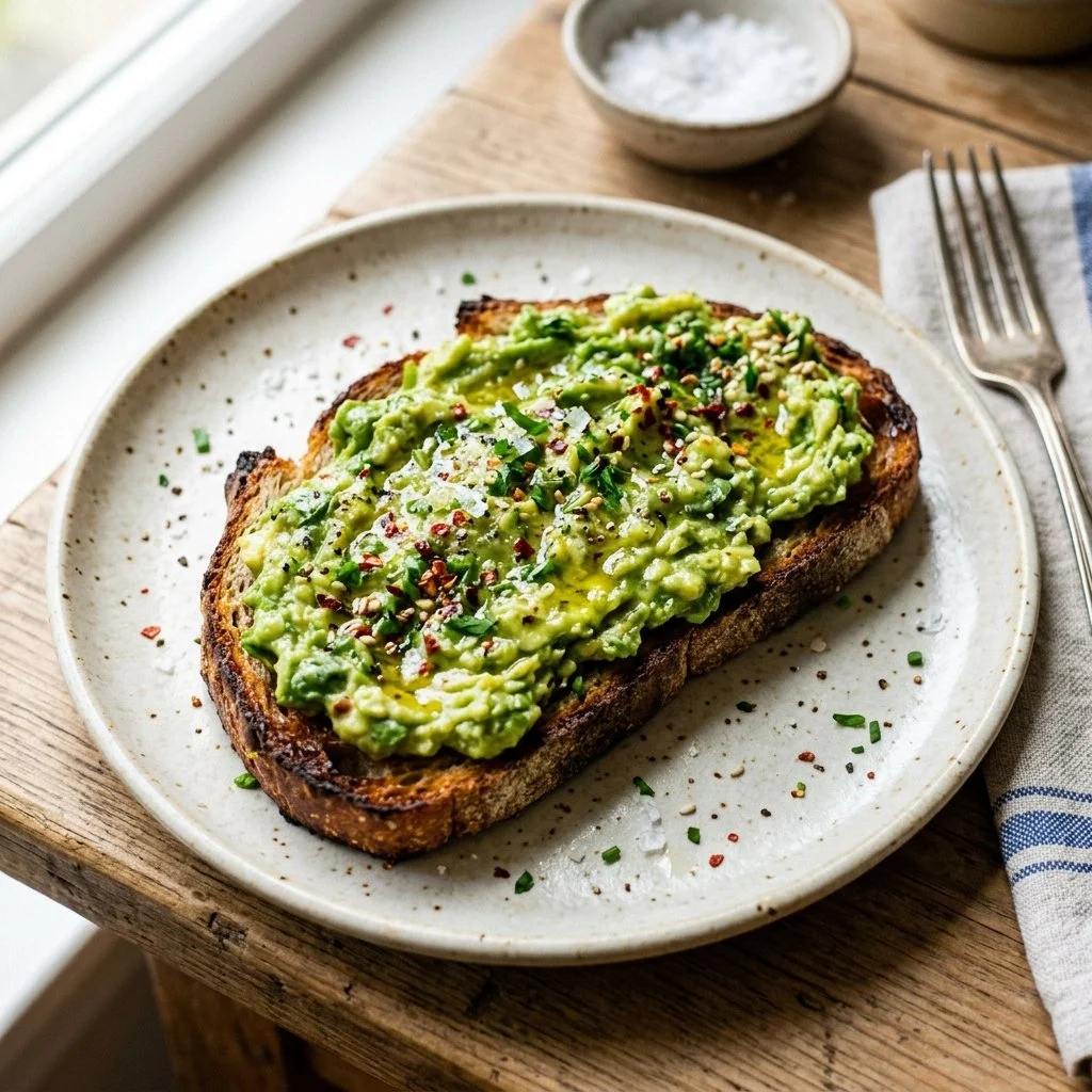 Deliciously garnished avocado toast on a plate with fresh ingredients.