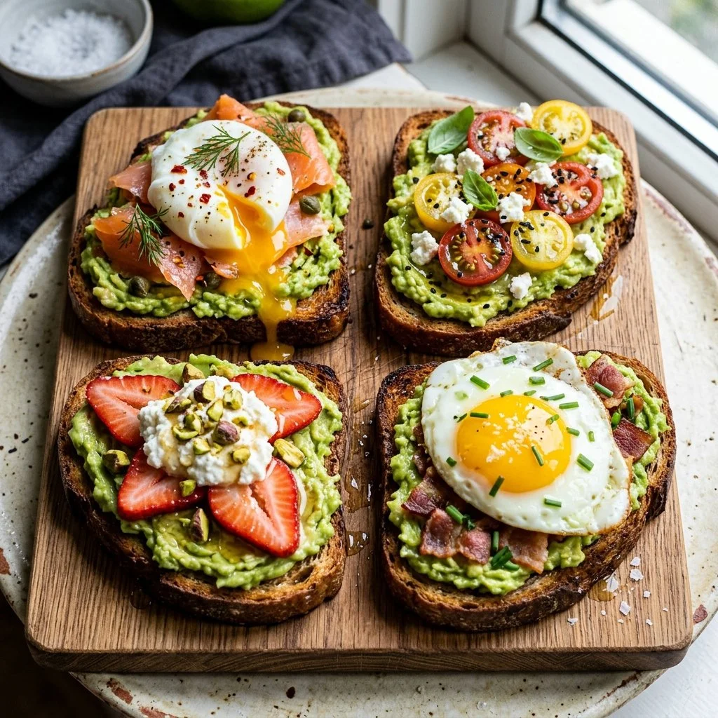 Variety of avocado toast variations with colorful toppings and garnishes