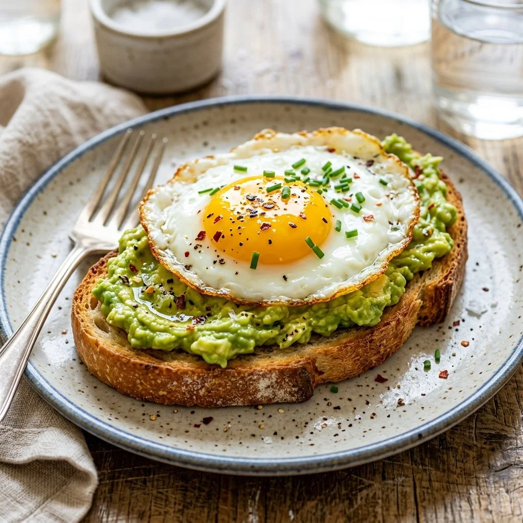 Avocado toast topped with a perfectly cooked egg on a rustic wooden table