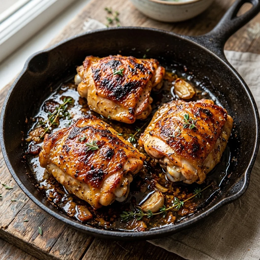 Oven-baked chicken thighs seasoned with herbs and spices.