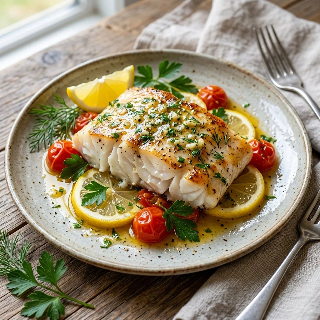 Plate of baked cod garnished with herbs and lemon slices