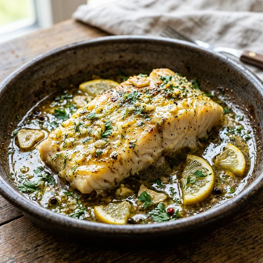 Deliciously seasoned baked cod served with lemon and herbs