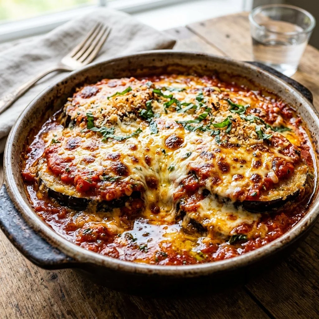 Baked Eggplant Parmesan served with cheese and marinara sauce on a plate.
