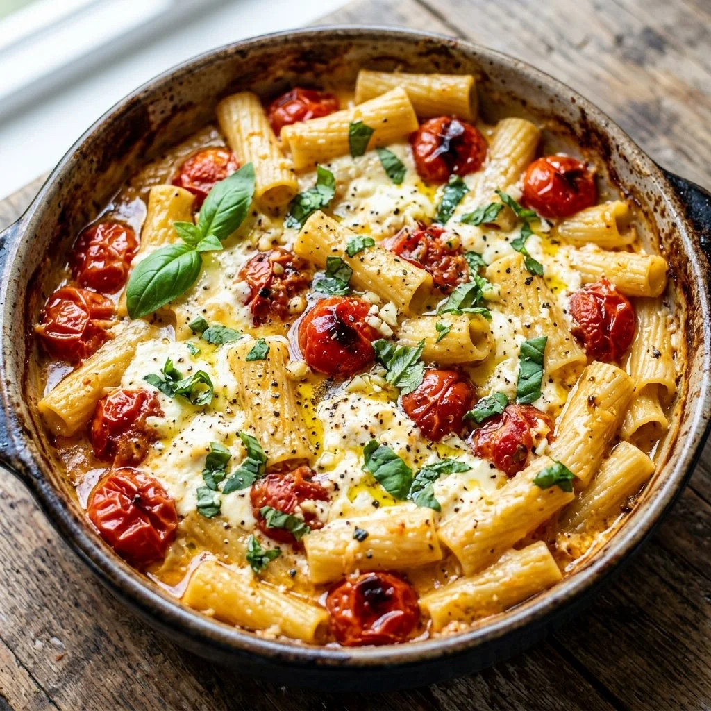 Delicious baked feta pasta topped with fresh herbs and cherry tomatoes