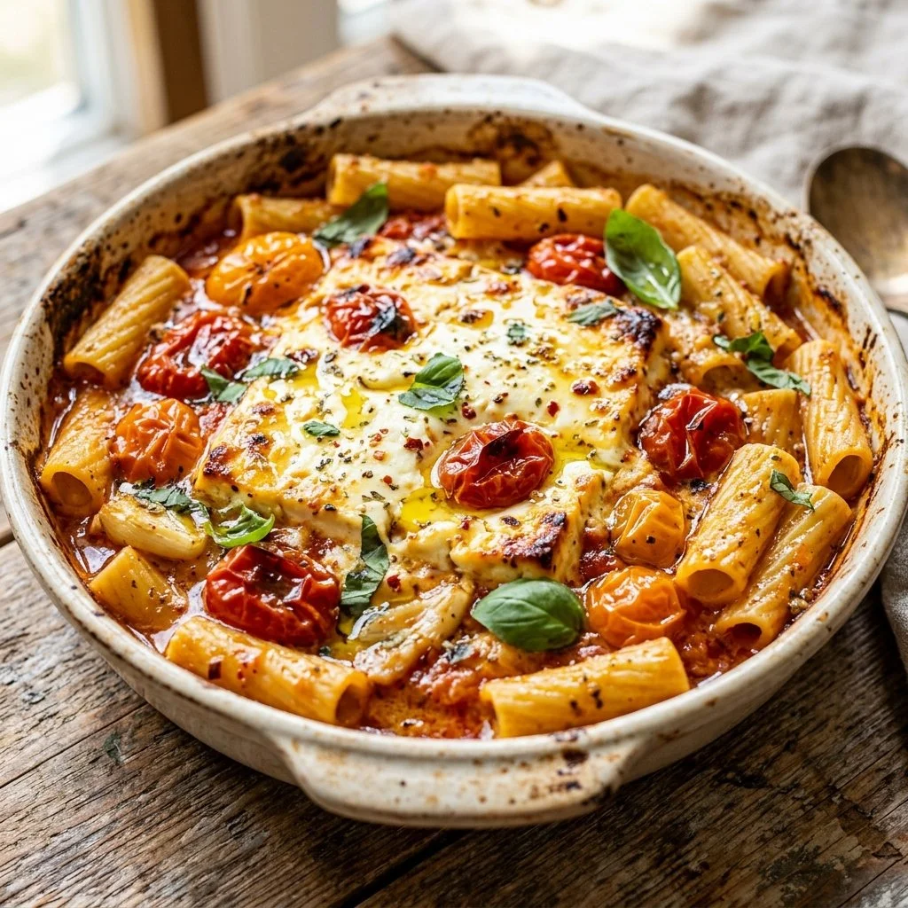 Delicious baked feta pasta with cherry tomatoes and herbs