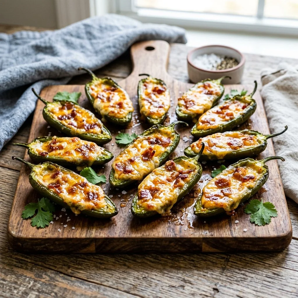 Baked jalapeno poppers topped with cheese and breadcrumbs