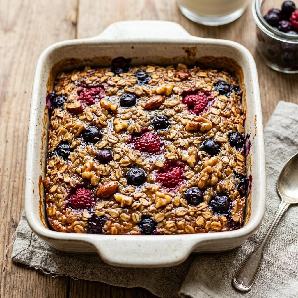 Delicious baked oatmeal topped with fruits and nuts for a healthy breakfast