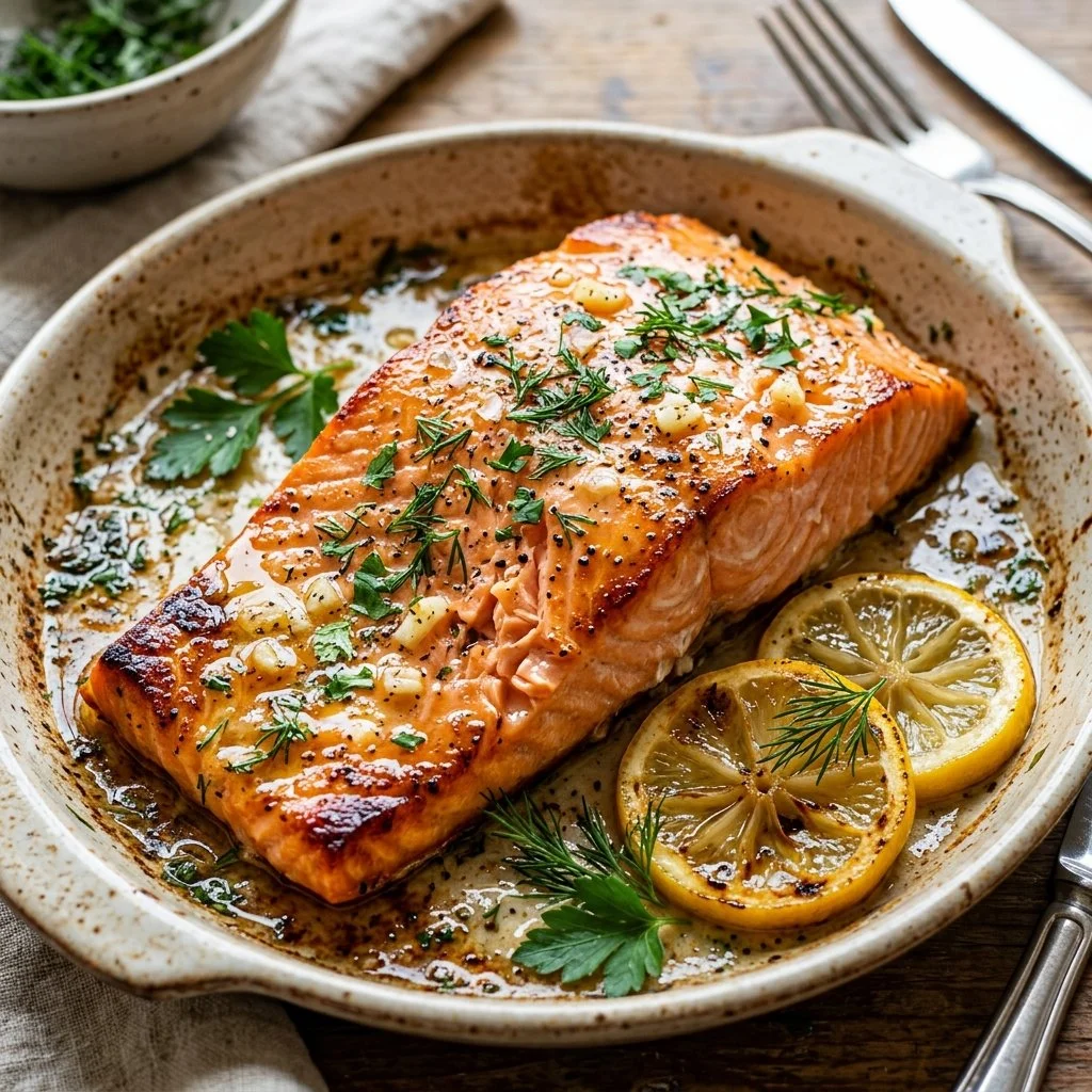 Oven-baked salmon fillet garnished with herbs and lemon slices.