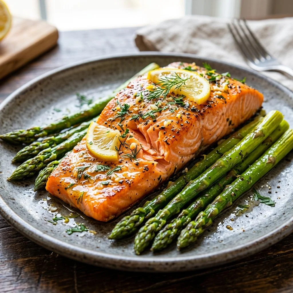 Oven-baked salmon served with fresh asparagus on a plate.