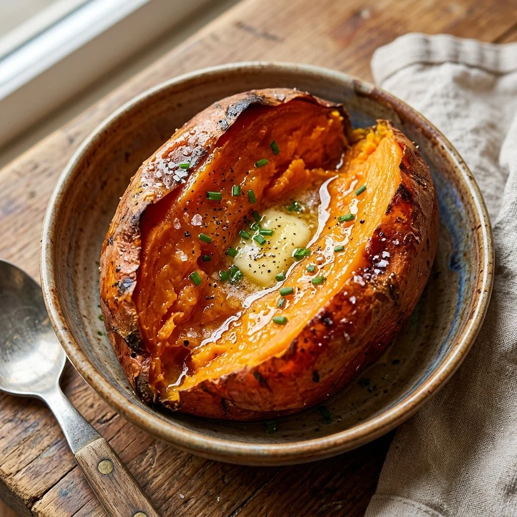 Baked sweet potato served on a plate with toppings