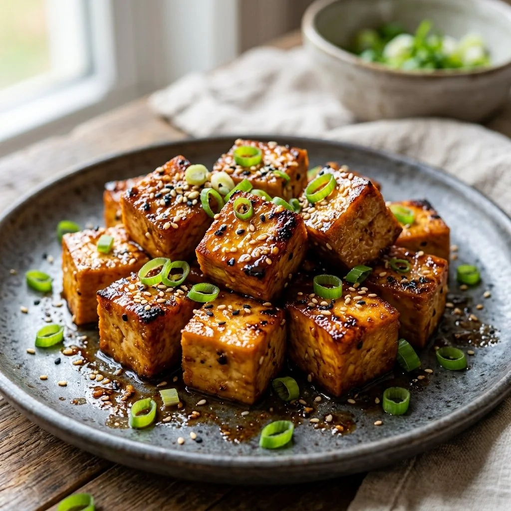 Plate of flavorful baked tofu served with fresh vegetables