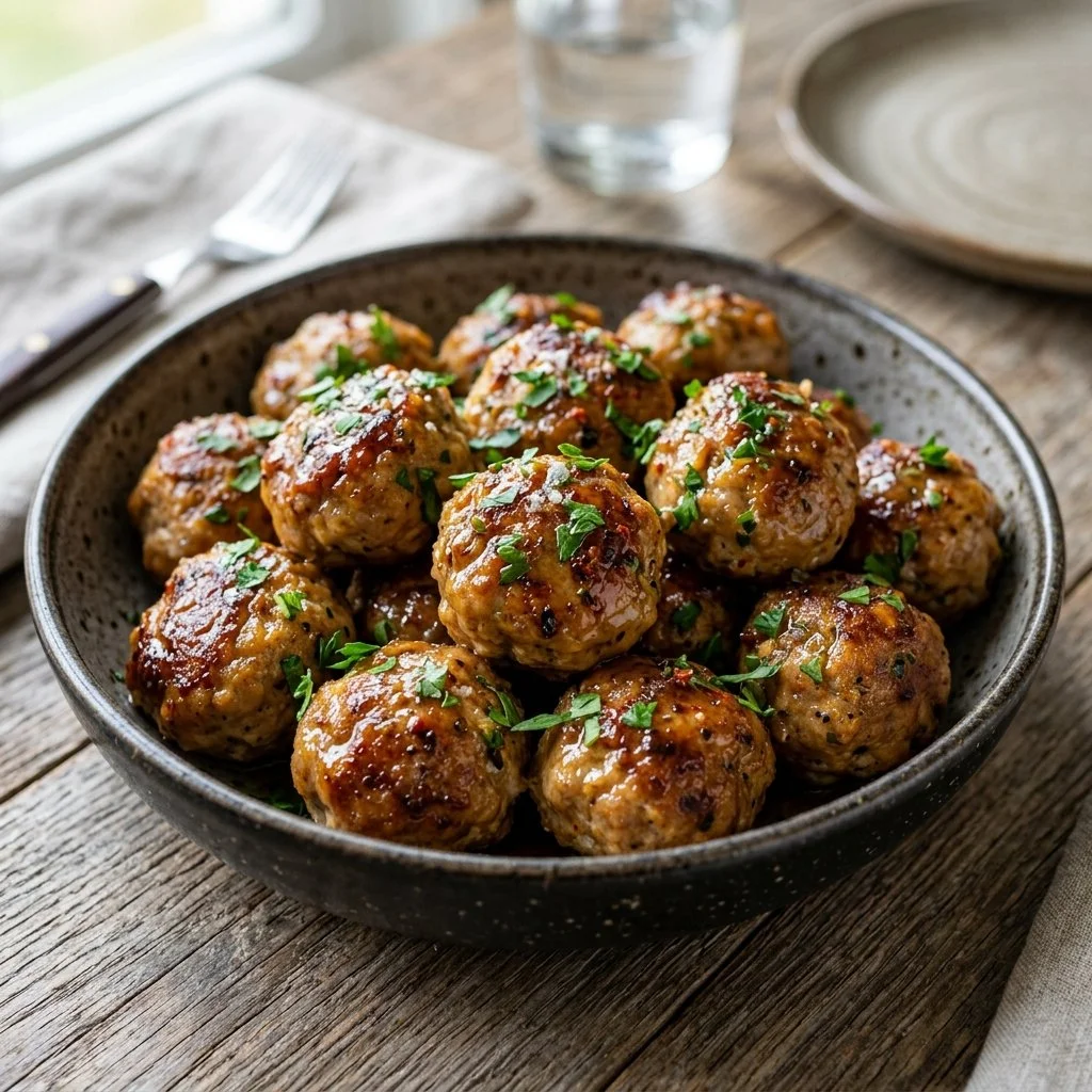 Delicious baked turkey meatballs served on a plate with marinara sauce