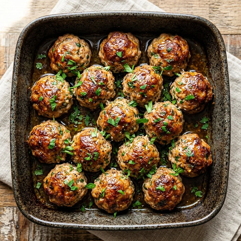 Baked turkey meatballs fresh out of the oven, garnished and ready to serve.