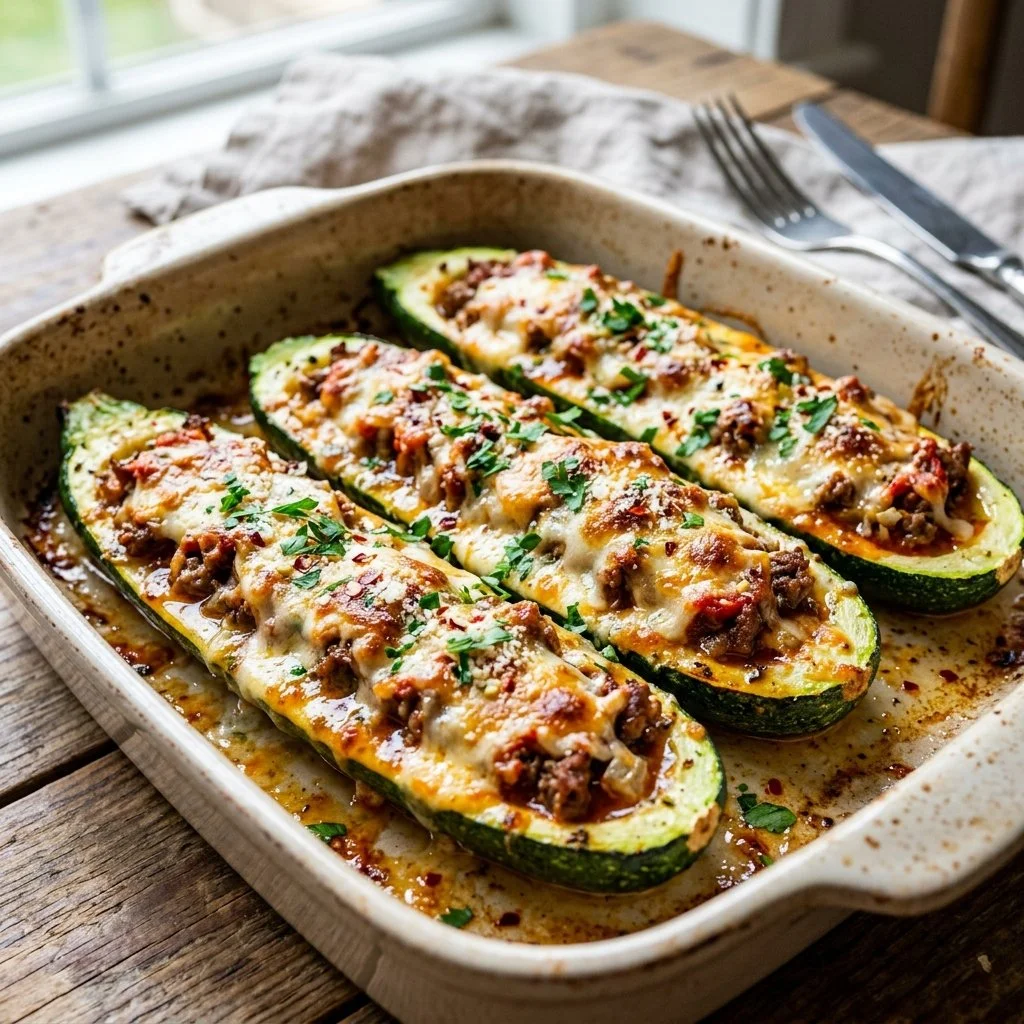 Delicious baked zucchini boats stuffed with ingredients, ready to serve.
