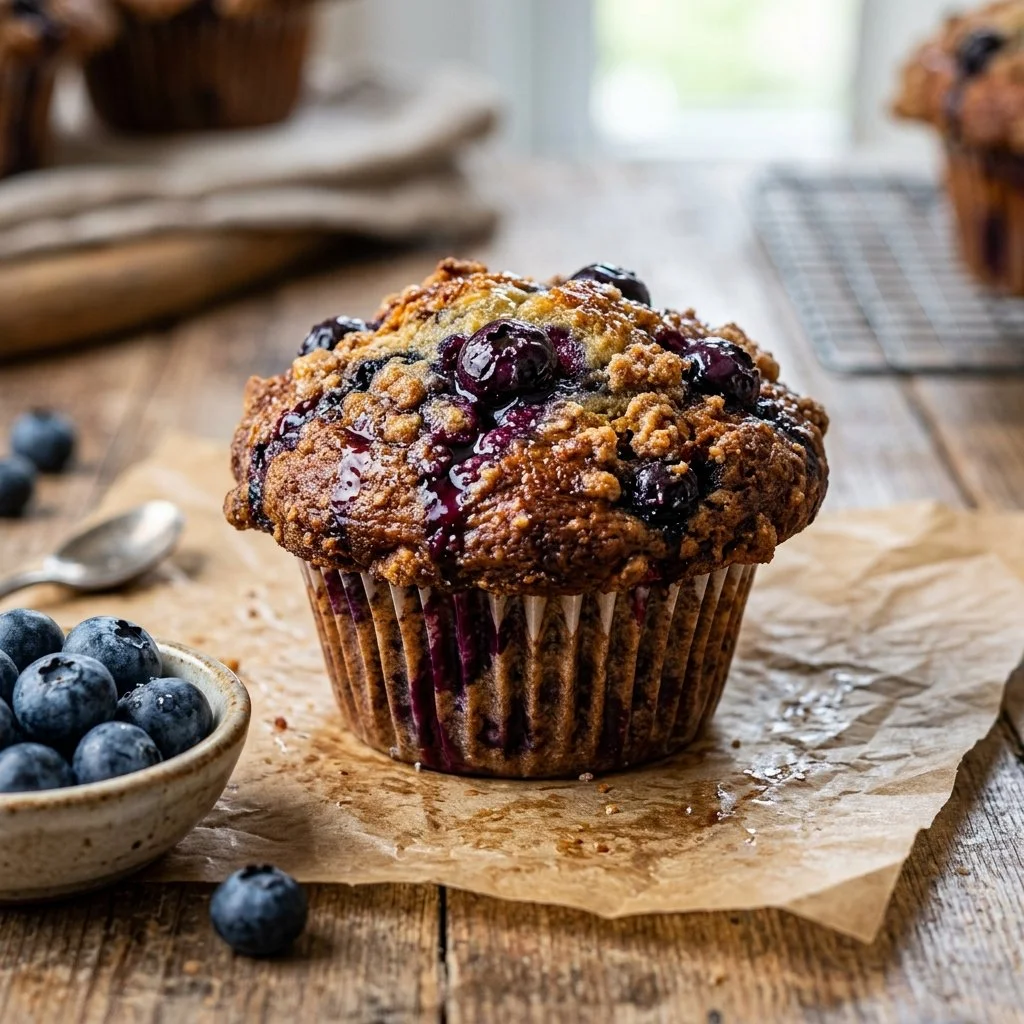 Bakery style blueberry muffins with fresh blueberries on a wooden table