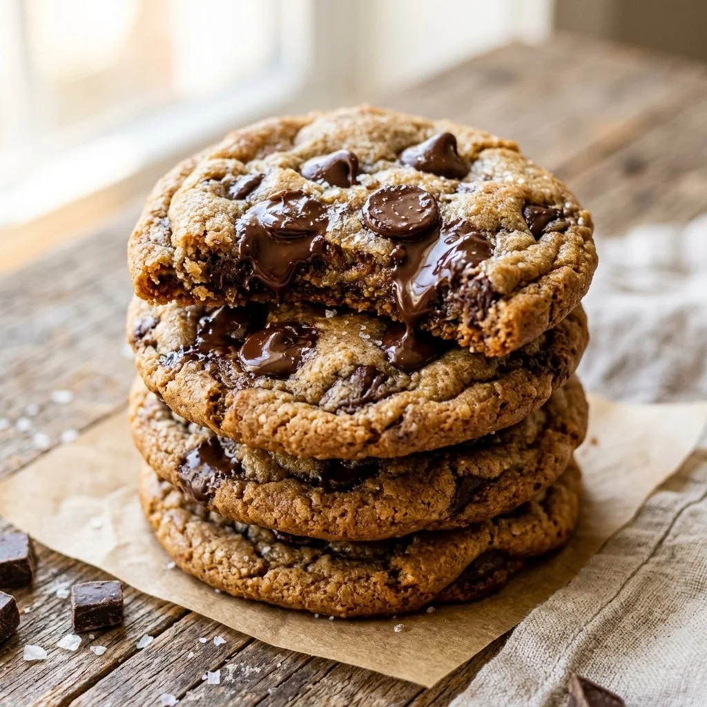 Bakery style chocolate chip cookies on a wooden table