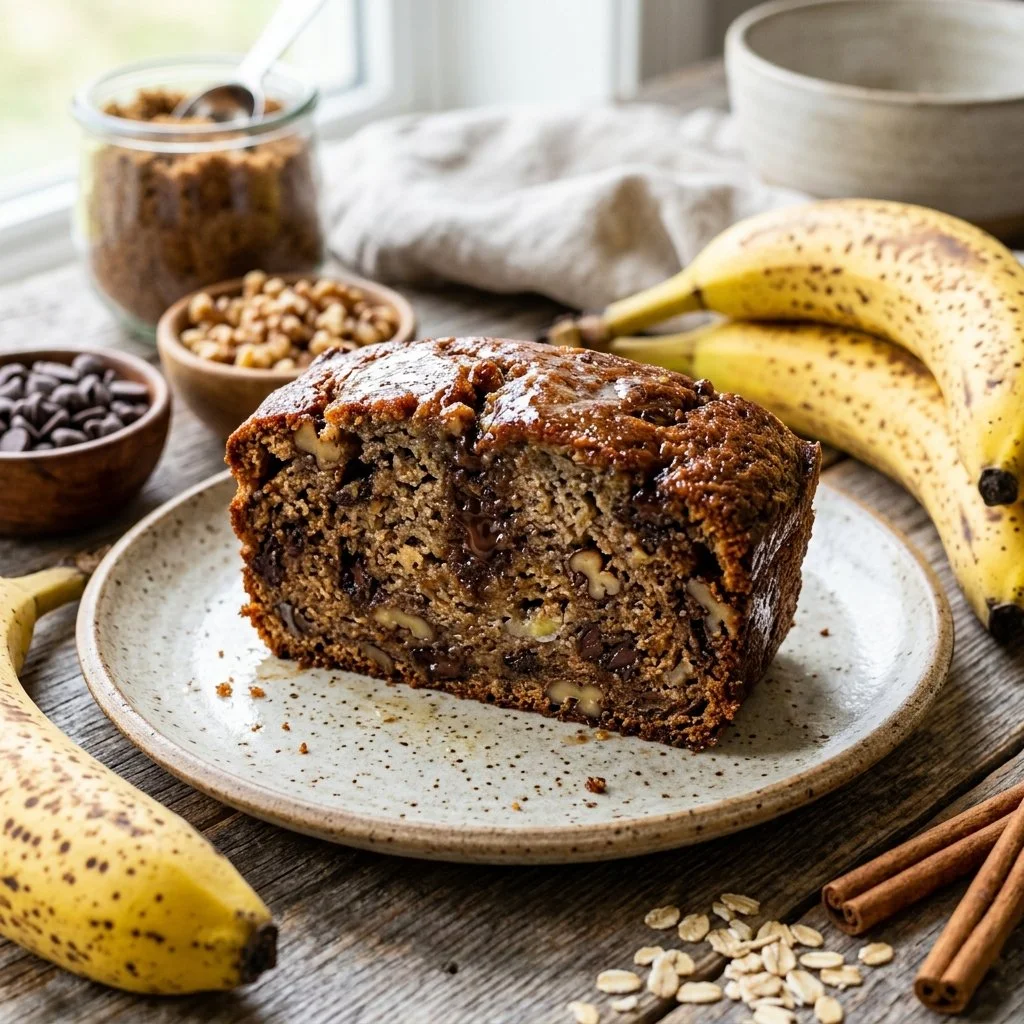 A slice of moist and delicious homemade banana bread on a wooden cutting board.