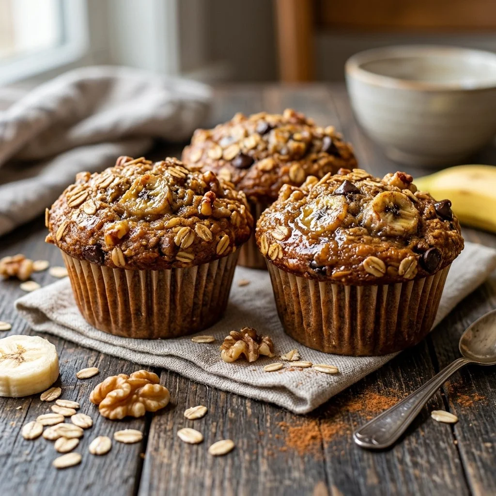 Freshly baked banana oat muffins on a cooling rack