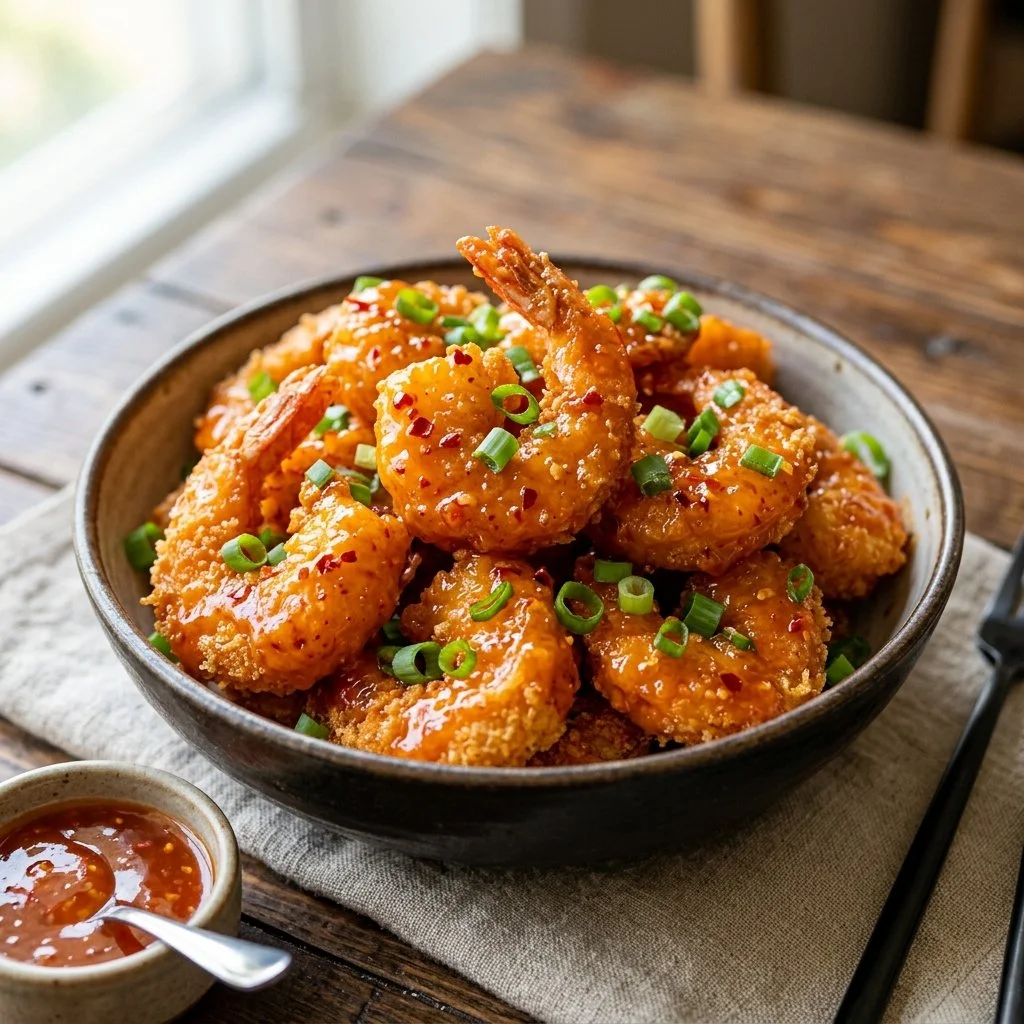 Crispy and spicy Bang Bang Shrimp served on a plate.
