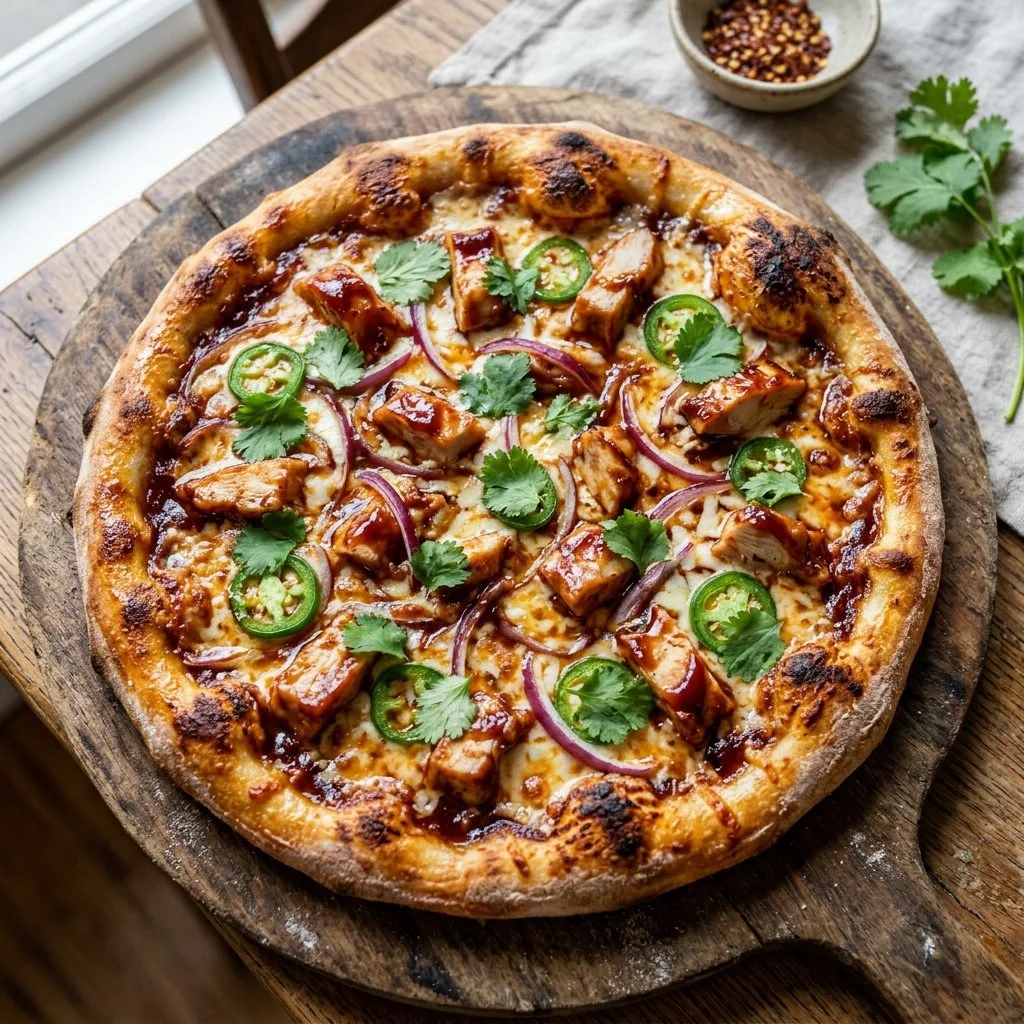 Delicious BBQ Chicken Pizza topped with BBQ sauce, chicken, and cheese