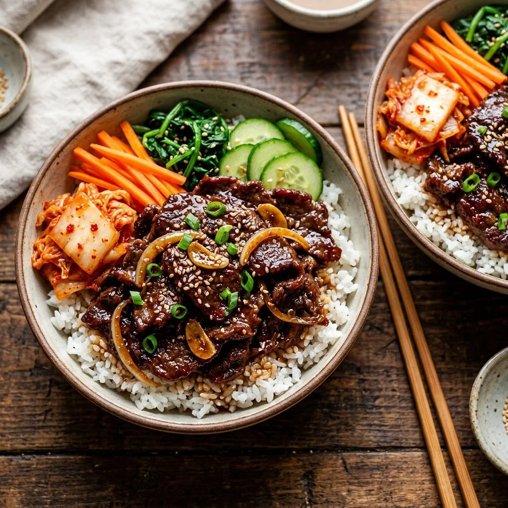 Delicious Beef Bulgogi Bowl garnished with vegetables and served in a stylish dish