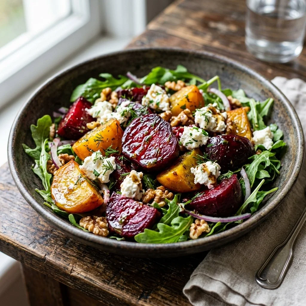 A vibrant bowl of Beet and Feta Salad with fresh greens and toppings.