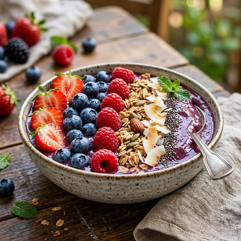 Delicious berry smoothie bowl topped with fresh fruits and seeds
