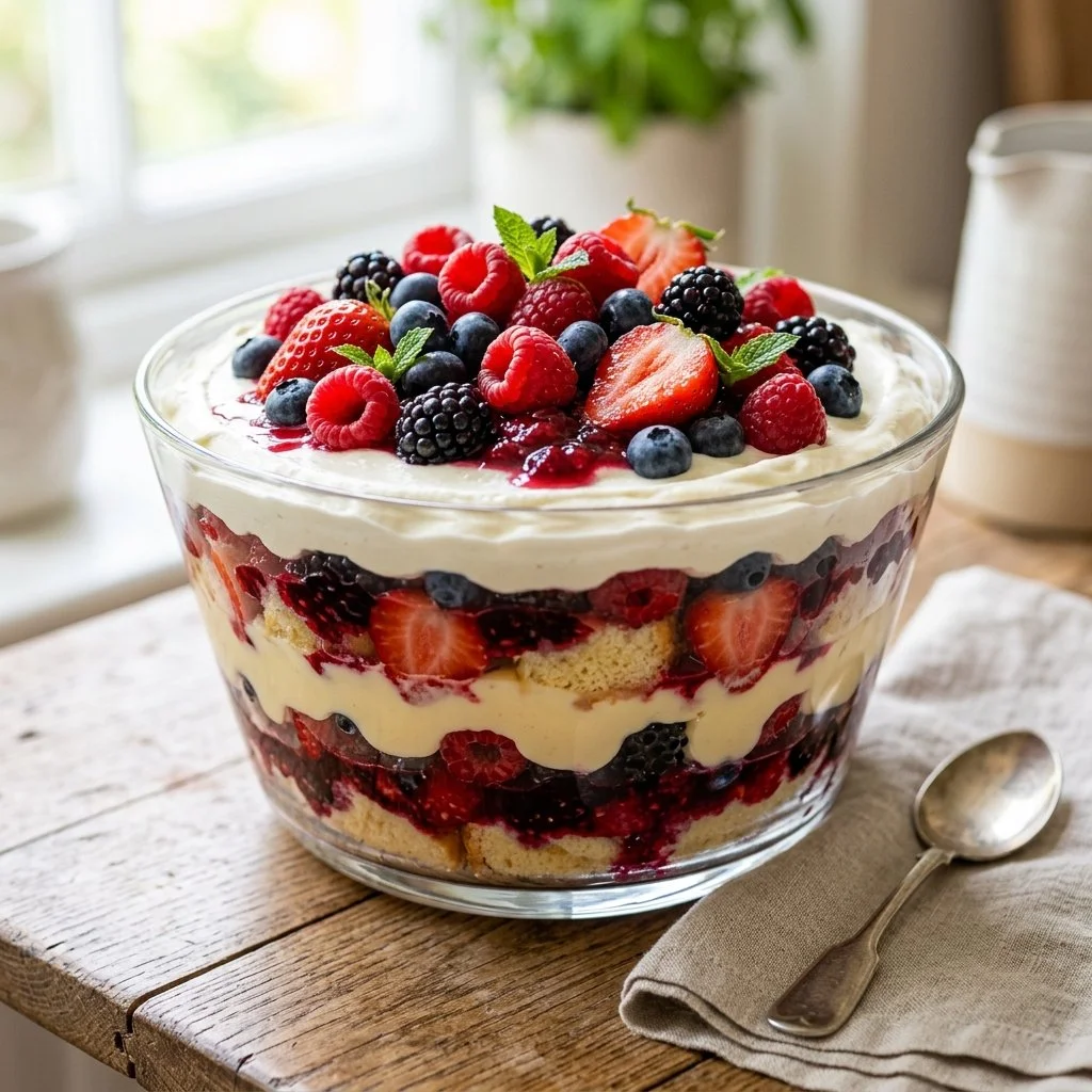 Delicious Berry Trifle dessert with layers of fresh berries, cream, and cake