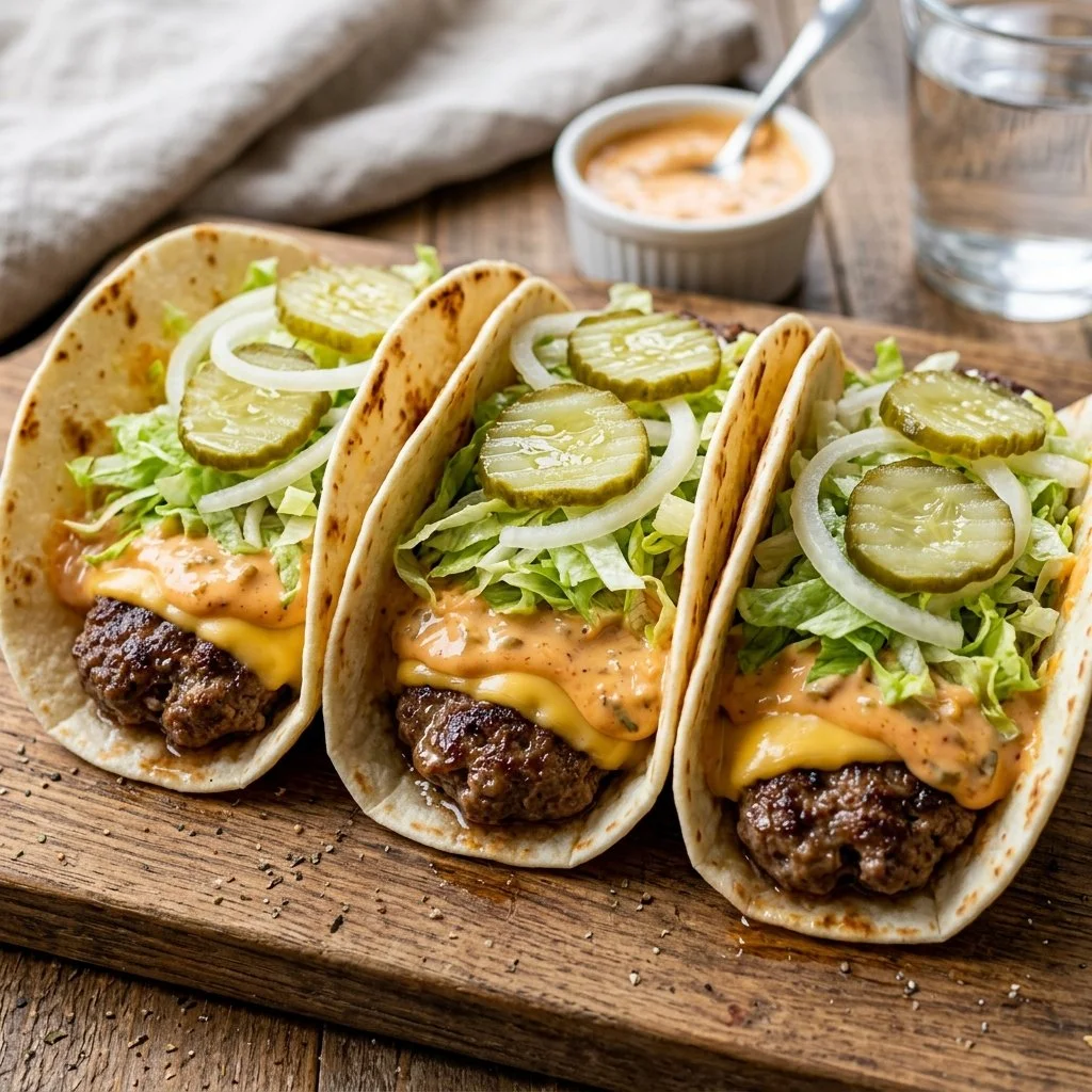 Big Mac Tacos featuring hamburger ingredients wrapped in a taco shell