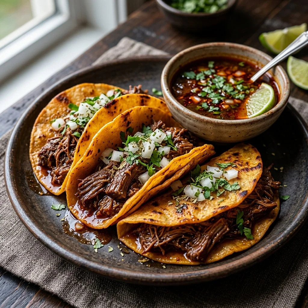 Delicious Birria Tacos served with rich broth for dipping