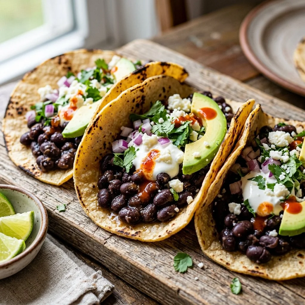 Plate of flavorful black bean tacos topped with fresh vegetables and salsa.