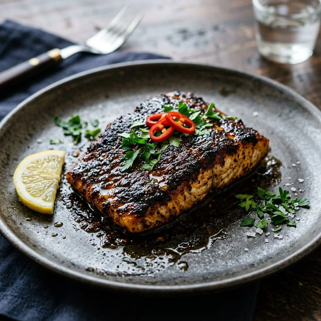 Delicious blackened Mahi Mahi fillet served with herbs and spices