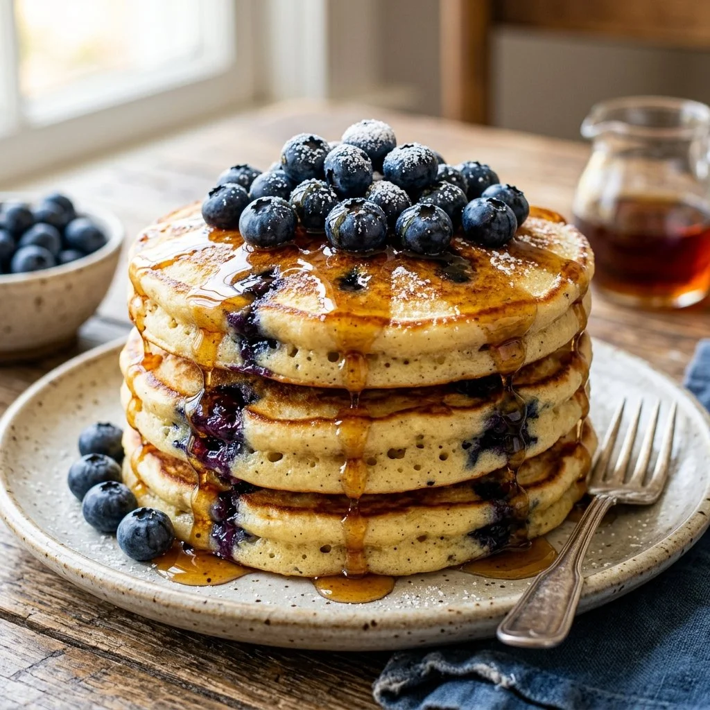 Fluffy blueberry buttermilk pancakes topped with fresh blueberries and syrup