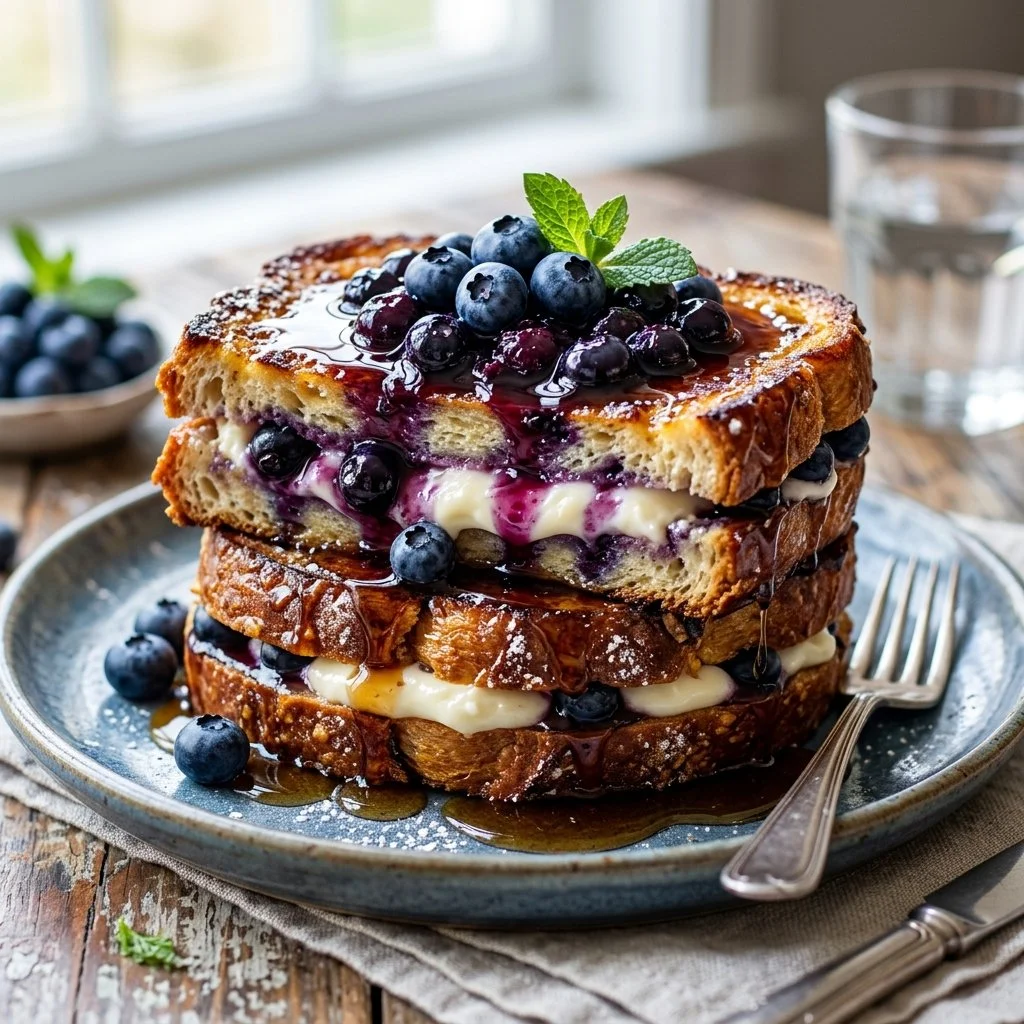 Delicious Blueberry Cream Cheese French Toast served on a plate