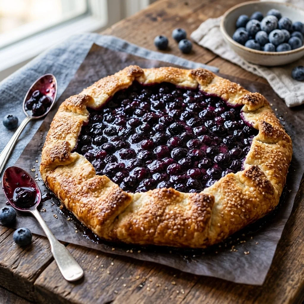 Delicious homemade blueberry galette on a wooden table